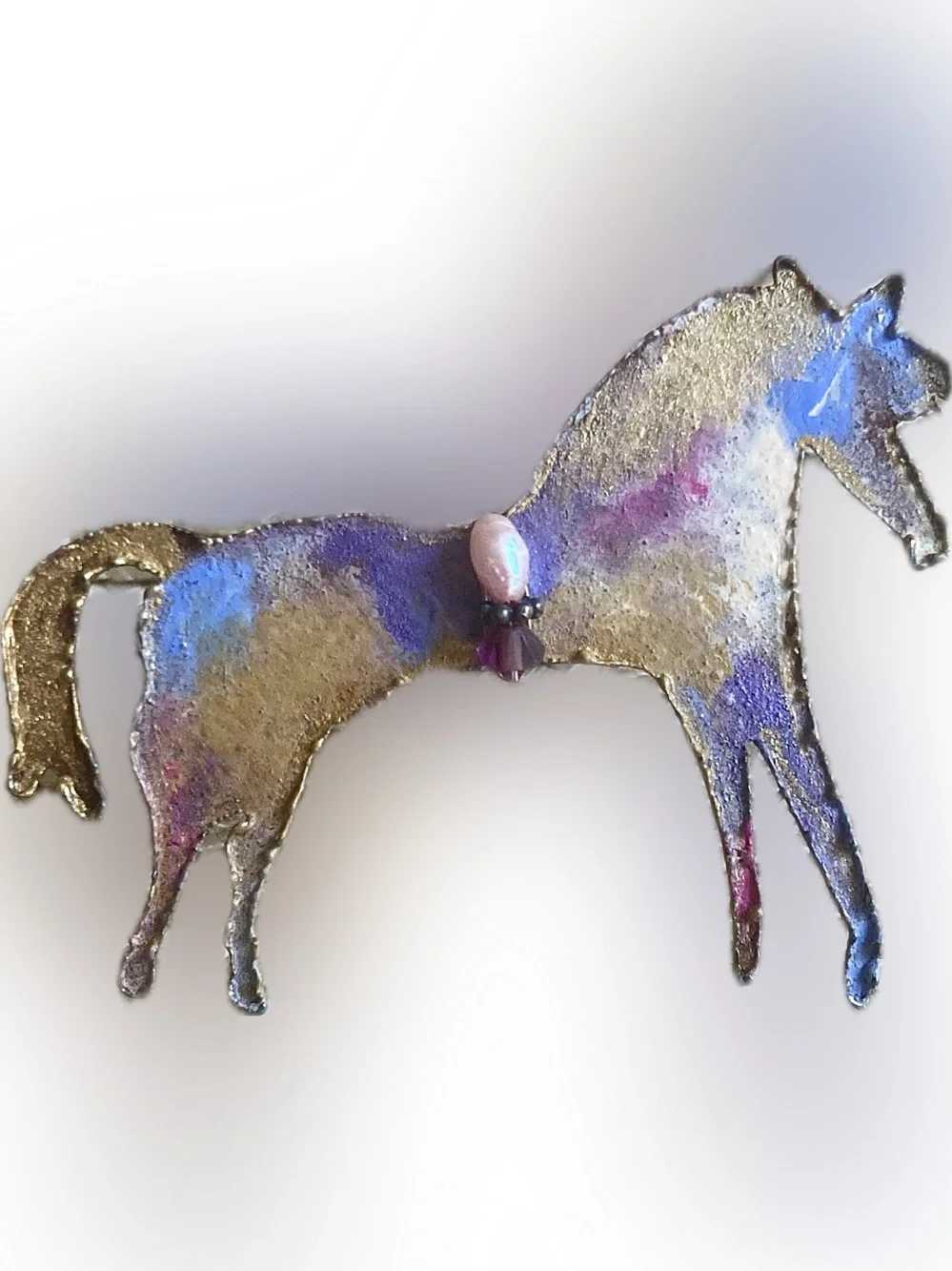 Blue Purple Gold Enameled Copper Horse Brooch Pink Pearl
